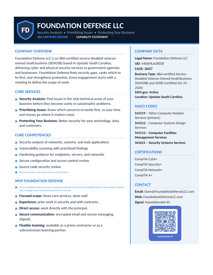 Foundation Defense LLC capability statement: SBA-certified SDVOSB and VOSB, UEI V46SMLA2REE8, CAGE 26JZ7, NAICS 541519, 541512, 541513, 561621, Upstate South Carolina